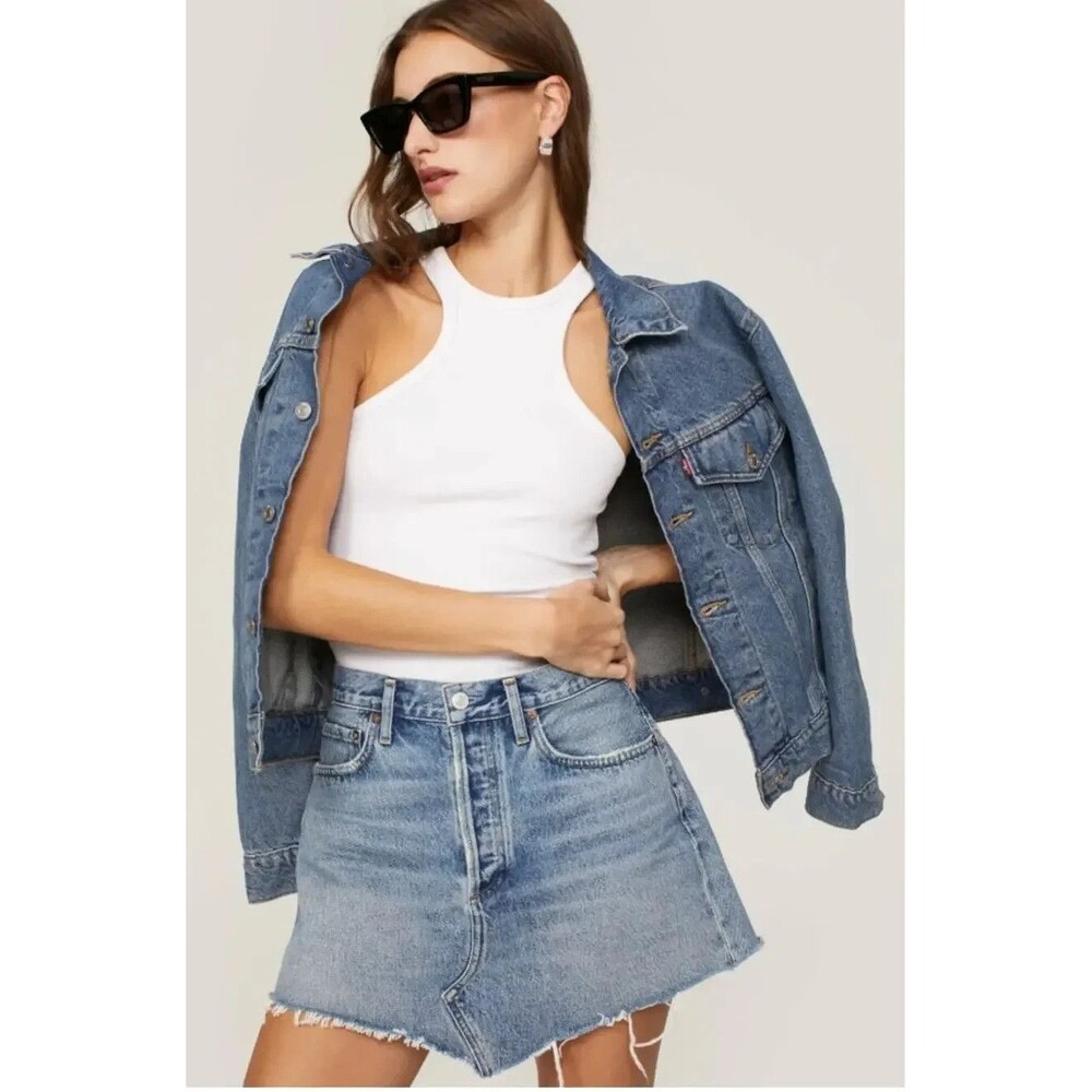 AGOLDE Parker Angled Raw Hem Organic Cotton Denim Mini Skirt 31 EXCELLENT!